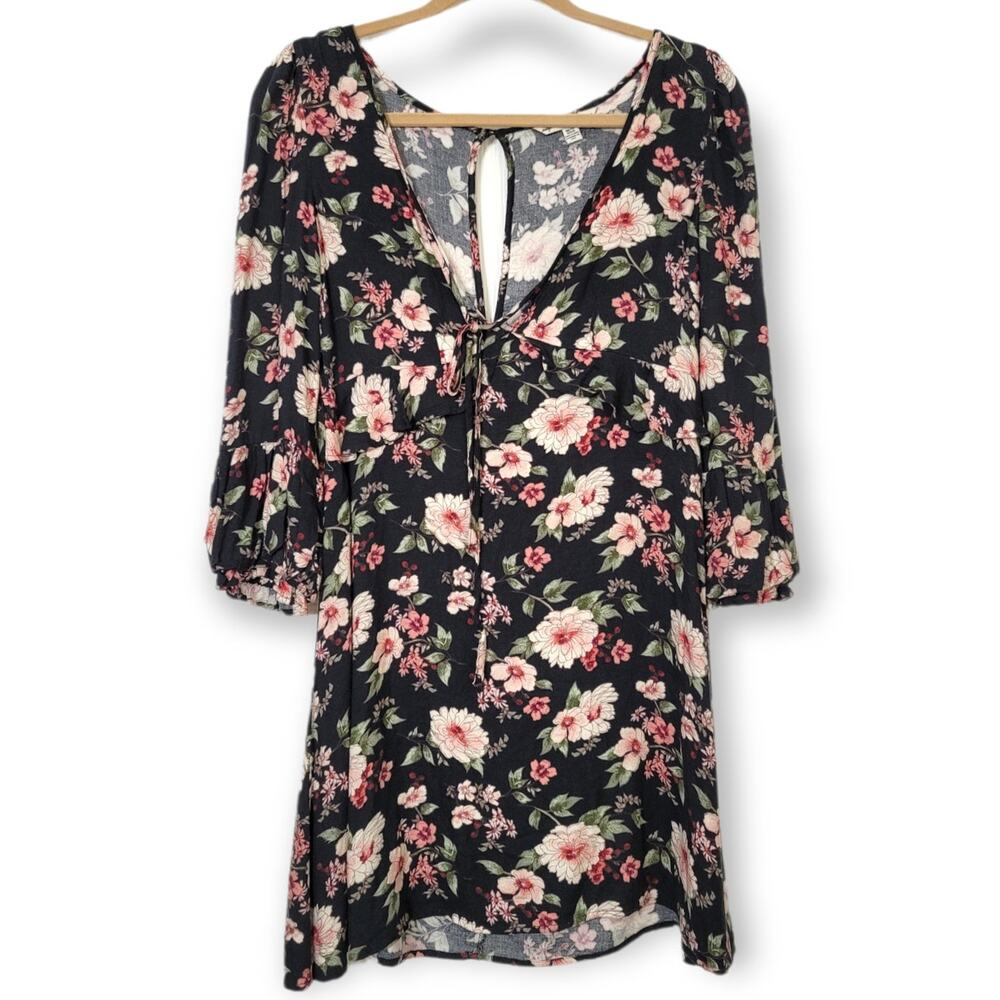 American Eagle Floral Low V Neck Long Sleeve Dress XS